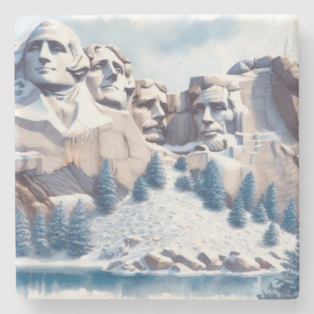 Mount Rushmore Snow Christmas Stone Coaster (Front)