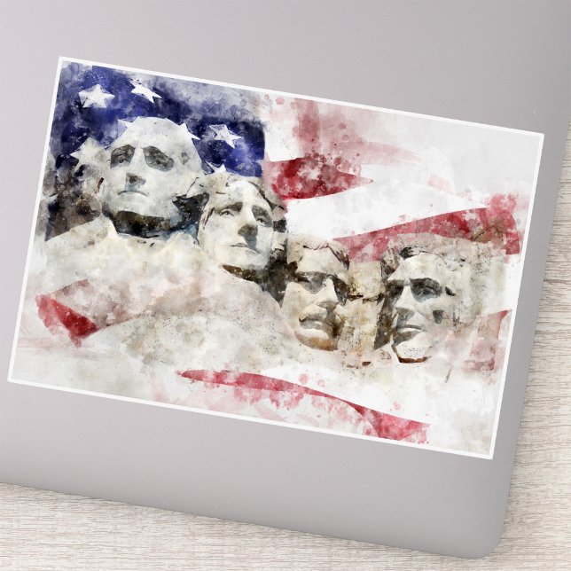 Mount Rushmore Watercolor with American Flag (Mount Rushmore Watercolor with American Flag. Sticker)