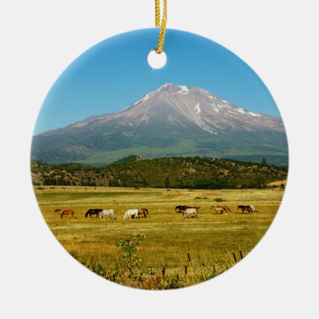 Mount Shasta Horse Herd Ceramic Tree Decoration (Front)