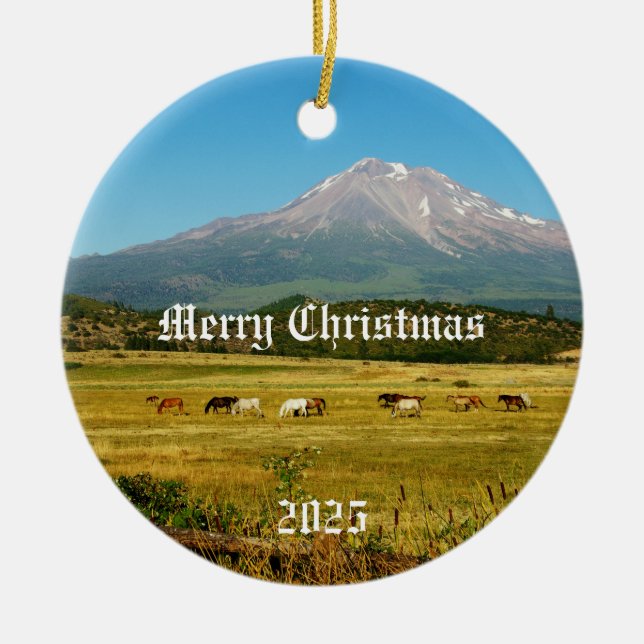 Mount Shasta Horses Christmas Ornament (Front)