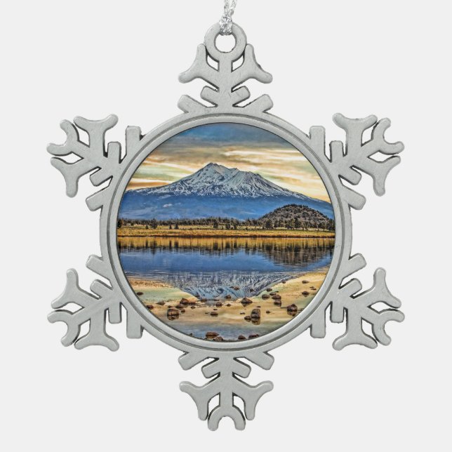 MOUNT SHASTA REFLECTED SNOWFLAKE PEWTER CHRISTMAS ORNAMENT (Front)