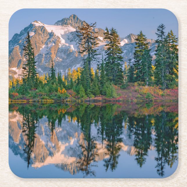 Mount Shuksan mirrored in Reflection Lake Square Paper Coaster (Front)