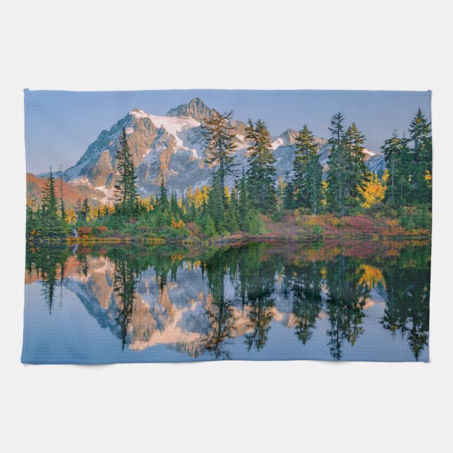 Mount Shuksan mirrored in Reflection Lake Tea Towel (Horizontal)