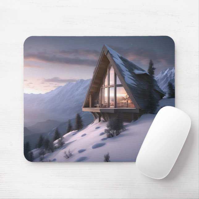 Mountain A-Frame Chalet In Winter Mouse Mat (With Mouse)