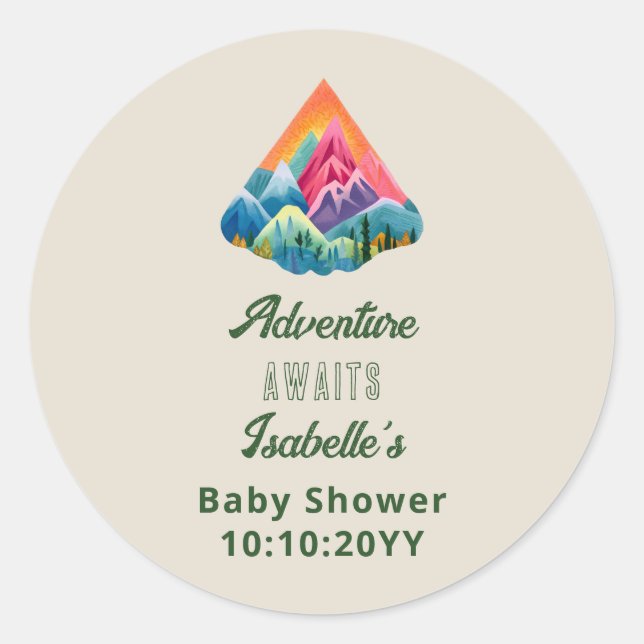 Mountain Adventure Awaits Baby Shower Classic Round Sticker (Front)