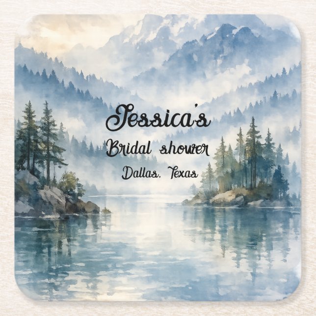 Mountain Adventure Boho Lake Bridal shower Square Paper Coaster (Front)