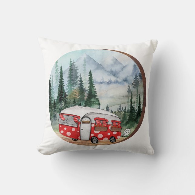 Mountain Adventure Camper Illustration Cushion (Front)