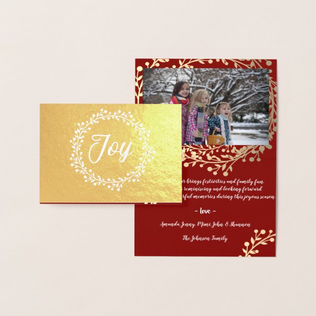 Mountain Ash Wreath Joy Family Photo Burgundy Gold Foil Card (Display)