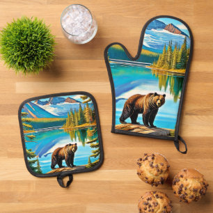 Mountain Bear: Lake Reflection Art Oven Mitt & Pot Holder Set