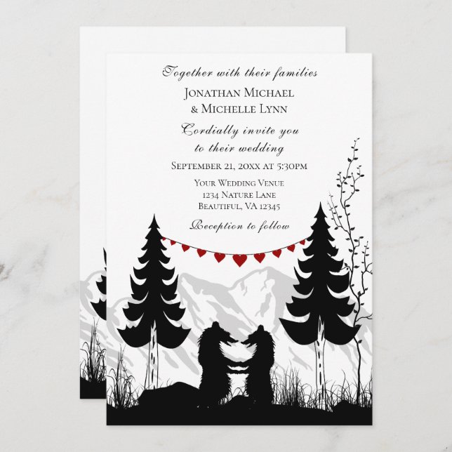 Mountain Bears Love and Thanks on Back Wedding Invitation (Front/Back)