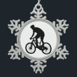 Mountain bike silhouette - Choose background color Snowflake Pewter Christmas Ornament<br><div class="desc">mountain bike bicycle biker , man silhouette biking race , extreme country summer sport,  cross cyclist lifestyle adventure , rider activity speed wheel , helmet male jump young , nature sky ride cycle , stamina illustration girl climbing,  people black woman mountain,  bike bicycle biker man</div>