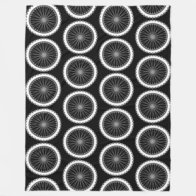 Mountain Bike Wheel - White on Black Fleece Blanket (Front)