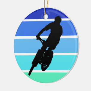 Mountain Biker on Retro Blue-Green Stripes Ceramic Tree Decoration