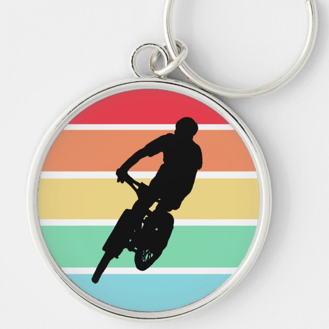 Mountain Biking on Retro Rainbow Stripes keychain (Front)