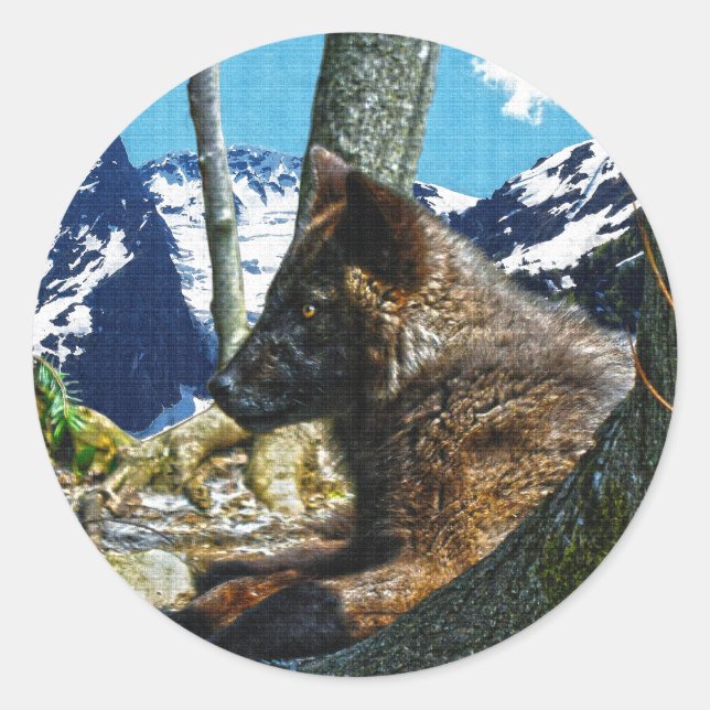 Mountain Black Wolf Resting by Trees Wildlife Art Classic Round Sticker (Front)