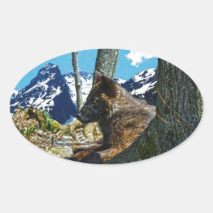Mountain Black Wolf Resting by Trees Wildlife Art Oval Sticker