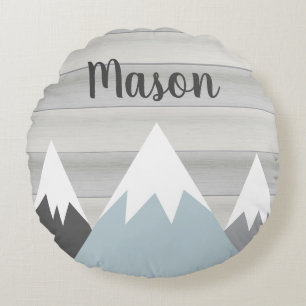 Mountain Blanket with Name Wooden Adventure Round Cushion