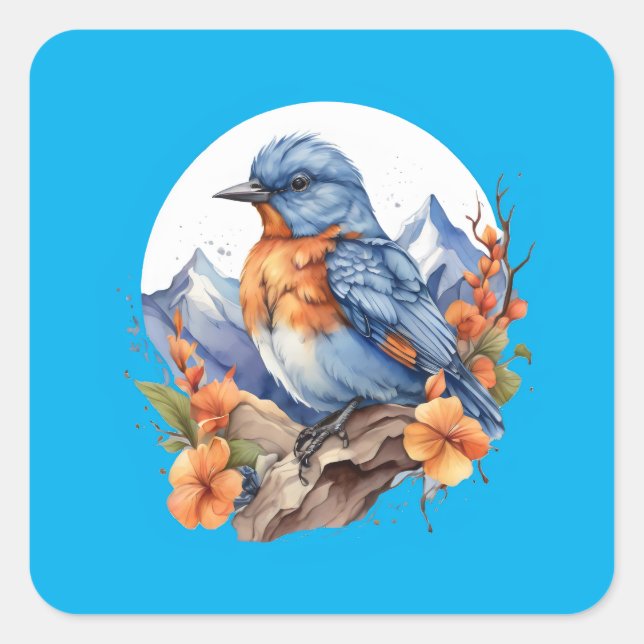 Mountain blue bird perched on branch square sticker (Front)