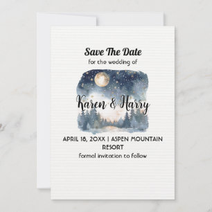 Mountain Blue Pine Moon Star Save The Date Wedding Invitation