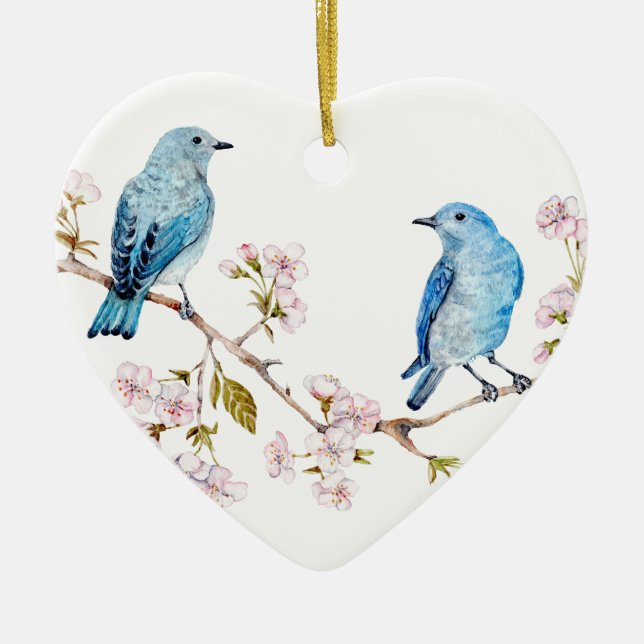 Mountain Bluebirds on Sakura Branch Ceramic Tree Decoration (Front)