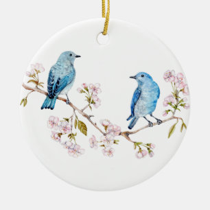 Mountain Bluebirds on Sakura Branch Ceramic Tree Decoration
