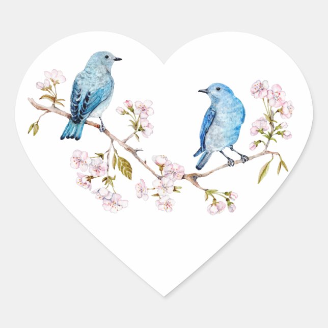 Mountain Bluebirds on Sakura Branch Heart Sticker (Front)