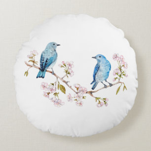 Mountain Bluebirds on Sakura Branch Round Cushion