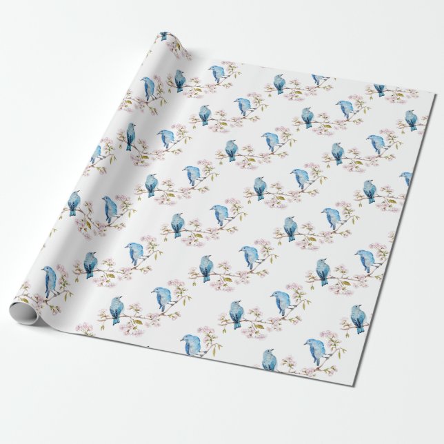 Mountain Bluebirds on Sakura Branch Wrapping Paper (Unrolled)