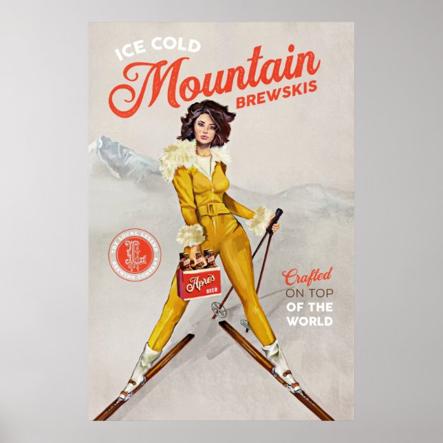 "Mountain Brewskis" Cool Retro Ski Pinup Art Poster (Front)