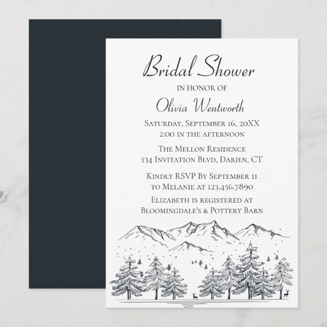 Mountain Bridal Shower Trees Nature Black Grey Invitation (Front/Back)
