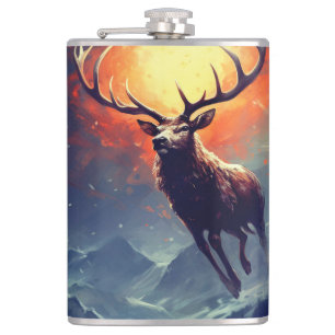 Mountain Buck Running From Blazing Fire   Hip Flask