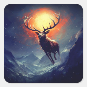 Mountain Buck Running From Blazing Fire   Square Sticker