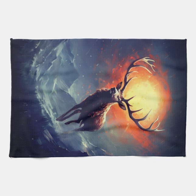 Mountain Buck Running From Blazing Fire   Tea Towel (Horizontal)