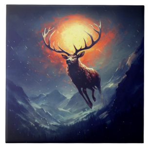 Mountain Buck Running From Blazing Fire Tile