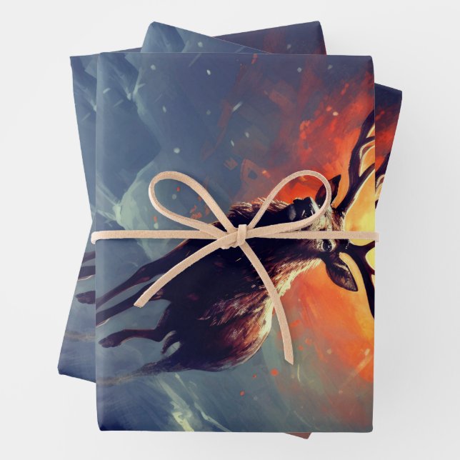 Mountain Buck Running From Blazing Fire   Wrapping Paper Sheet (In situ)