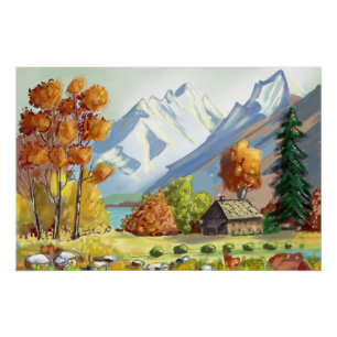 Mountain cabin autumn colors. Painting. Poster