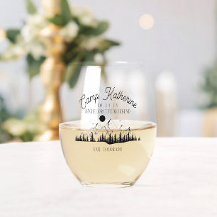 Mountain Camp Bachelorette Weekend Party Glamping Stemless Wine Glass