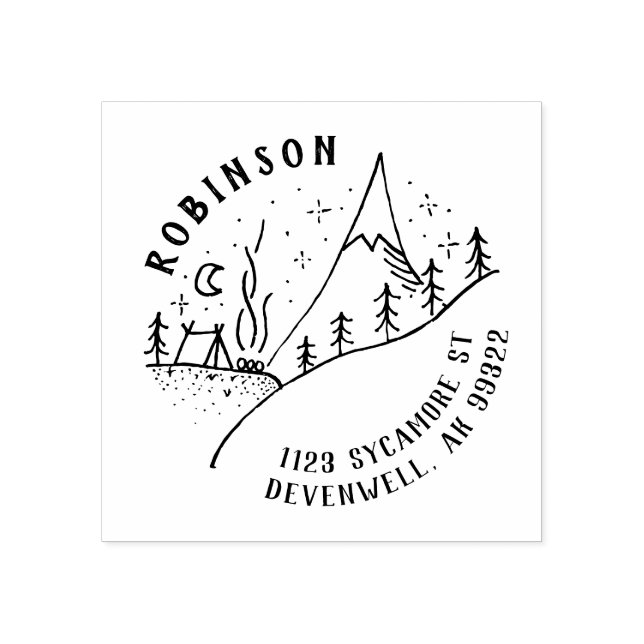 Mountain Campfire & Starry Night Sketch Address Rubber Stamp (Imprint)