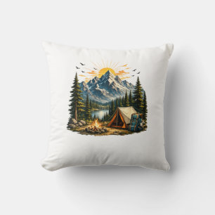 Mountain Camping Adventure Sunset Nature Cushion