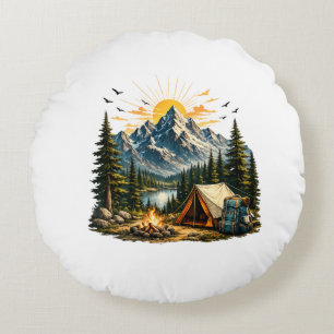 Mountain Camping Adventure Sunset Nature Round Cushion