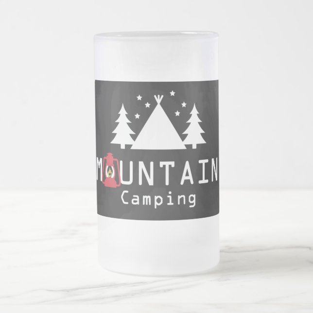 Mountain Camping Modern Badge Frosted Glass Beer Mug (Center)