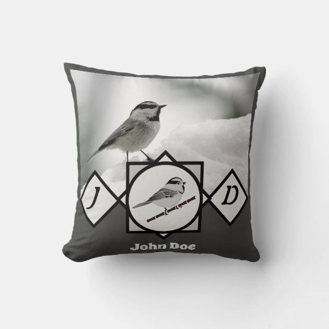 Mountain Chickadee Monogram Photo Name Cushion (Front)