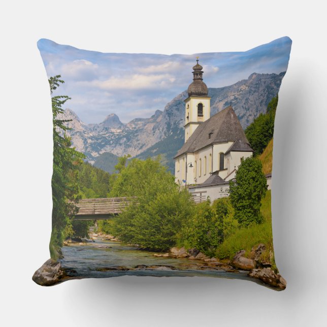 Mountain church with stream landscape cushion (Front)