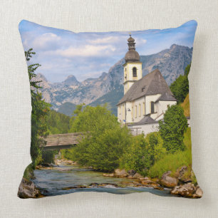 Mountain church with stream landscape cushion