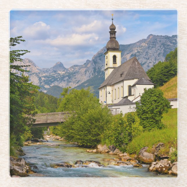 Mountain church with stream landscape glass coaster (Front)