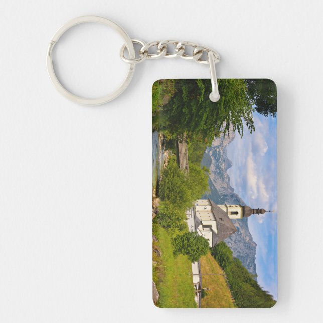 Mountain church with stream landscape key ring (Front)