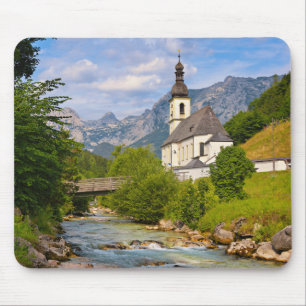 Mountain church with stream landscape mouse mat