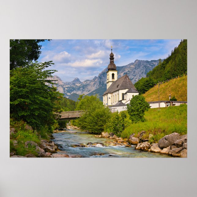 Mountain church with stream landscape poster (Front)