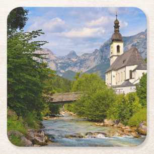 Mountain church with stream landscape square paper coaster