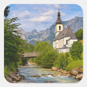 Mountain church with stream landscape square sticker